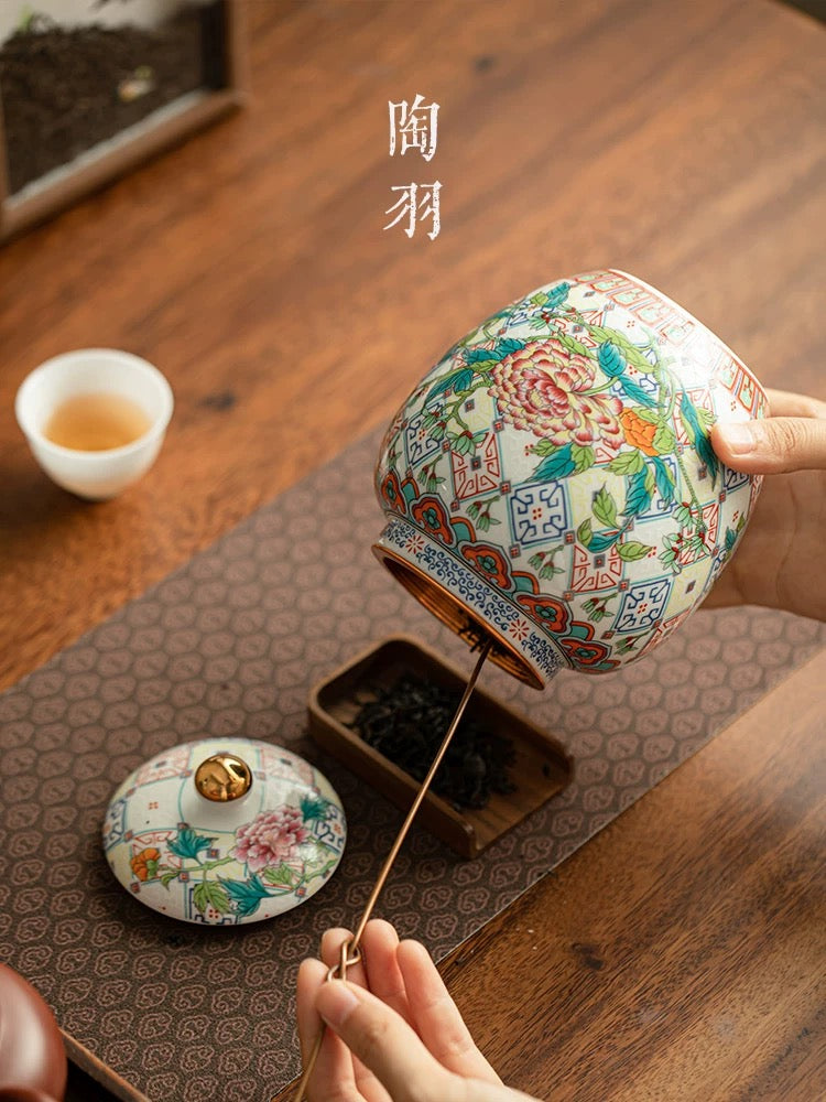 Peony Enamel Ceramic Tea Caddy
－ Vintage-Inspired Porcelain Storage Jar (Air-Tight Premium Tea Canister)