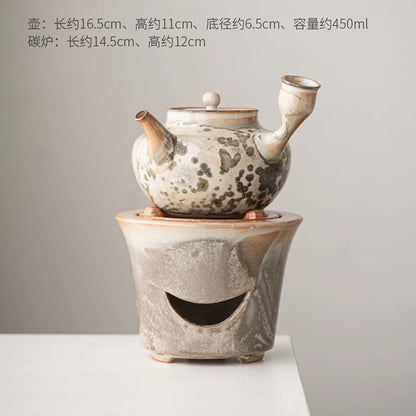 Sumi-Ember Tea Brewing Set" - Wood-Fired Side-Handle Teapot with Kiln-Transformed Wabi-Sabi Glaze & Retro Charcoal Stove (Large Capacity Ceramic Set)