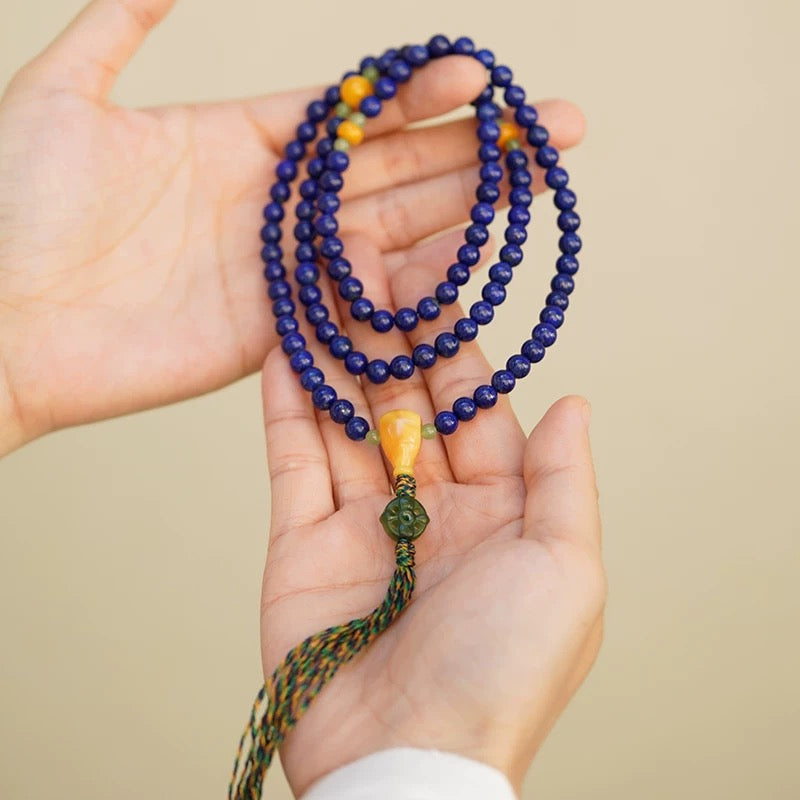 Celestial Blue Mala - 108-Count Genuine Afghan Lapis Lazuli Prayer Beads with Multi-Wrap Design