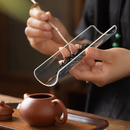 Handcrafted Glass Tea Scoop Duo - Organic Bamboo Tea Pick Set with Vintage Tea Needle & Leaf Spoon (Gongfu Ceremony Tools)