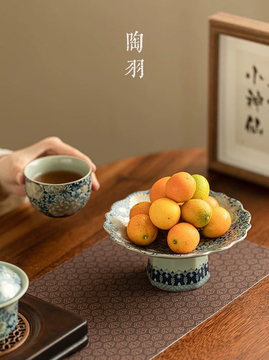 Ru Kiln Blossom Collection－ Celadon-Hued Ceramic Pedestal Plates (Floral-Engraved Altar Dessert Stands)