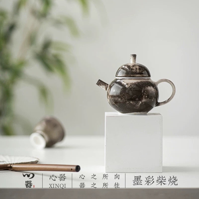 Ink Bliss" Wood-Fired Ceramic Teapot – Rustic Kiln-Transformed Teapot for Solo Brewing (Wabi-Sabi Style Gongfu Tea Set)