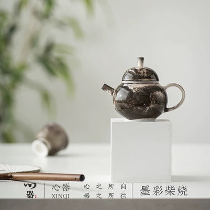 Ink Bliss" Wood-Fired Ceramic Teapot – Rustic Kiln-Transformed Teapot for Solo Brewing (Wabi-Sabi Style Gongfu Tea Set)