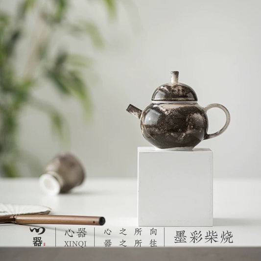 Ink Bliss" Wood-Fired Ceramic Teapot – Rustic Kiln-Transformed Teapot for Solo Brewing (Wabi-Sabi Style Gongfu Tea Set)