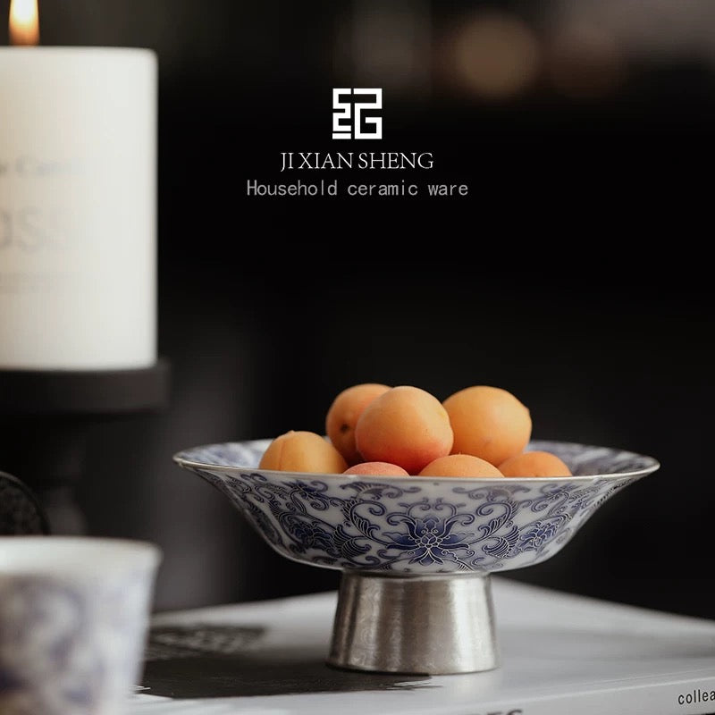 Vermeil & Blue-and-White 'Doucai' Ceramic Tea Snack Tray— Luxury Gilded Serving Platter for Fruits/Pastries with Dual Use as Teapot Stand (Premium Gongfu Tea Ceremony Accessory)