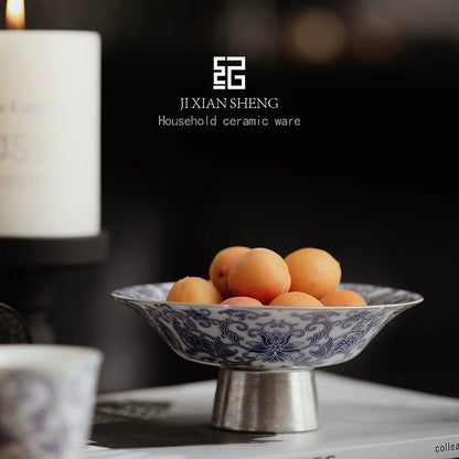 Vermeil & Blue-and-White 'Doucai' Ceramic Tea Snack Tray— Luxury Gilded Serving Platter for Fruits/Pastries with Dual Use as Teapot Stand (Premium Gongfu Tea Ceremony Accessory)