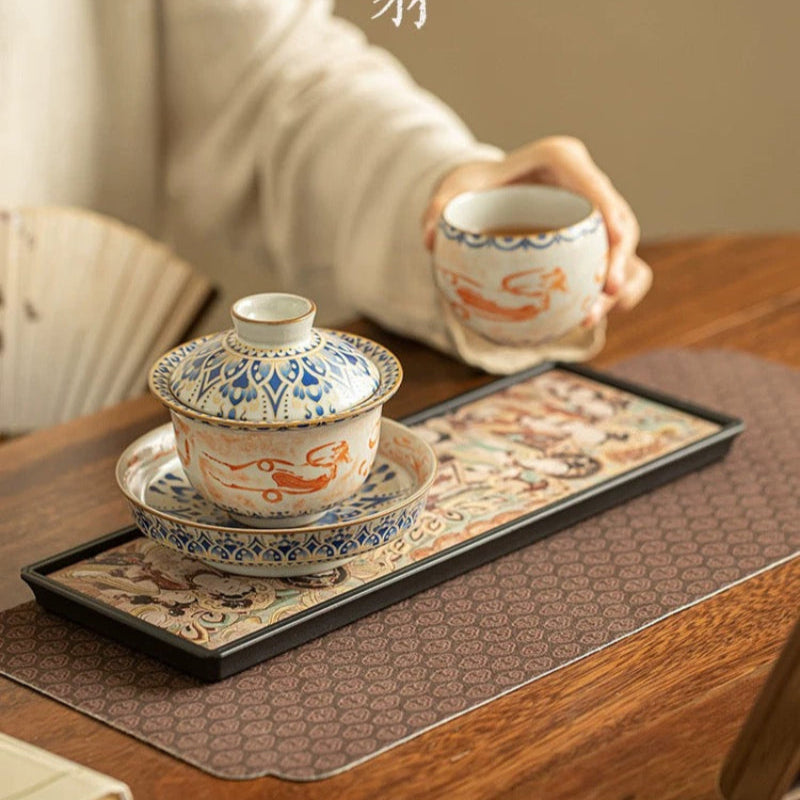 Ru Kiln 'Dunhuang Feitian' Treasure Tea Set**  
— Celadon Lidded Bowl (Sancai Style) with Teapot & Cup – Antique-Inspired Gongfu Tea Ceremony Collection