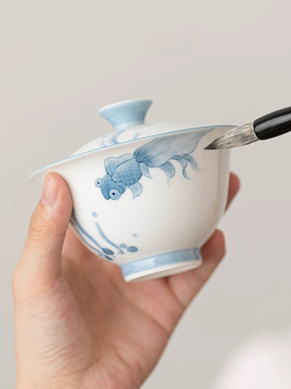 Premium Hand-Painted Underglaze Blue & White Gaiwan