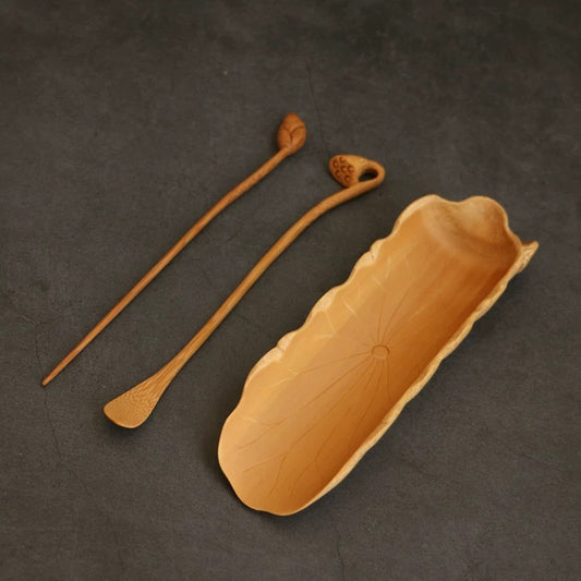 Premium Carved Bamboo Tea Tools – 3-Piece Lotus Leaf Set with Tea Scoop & Picker