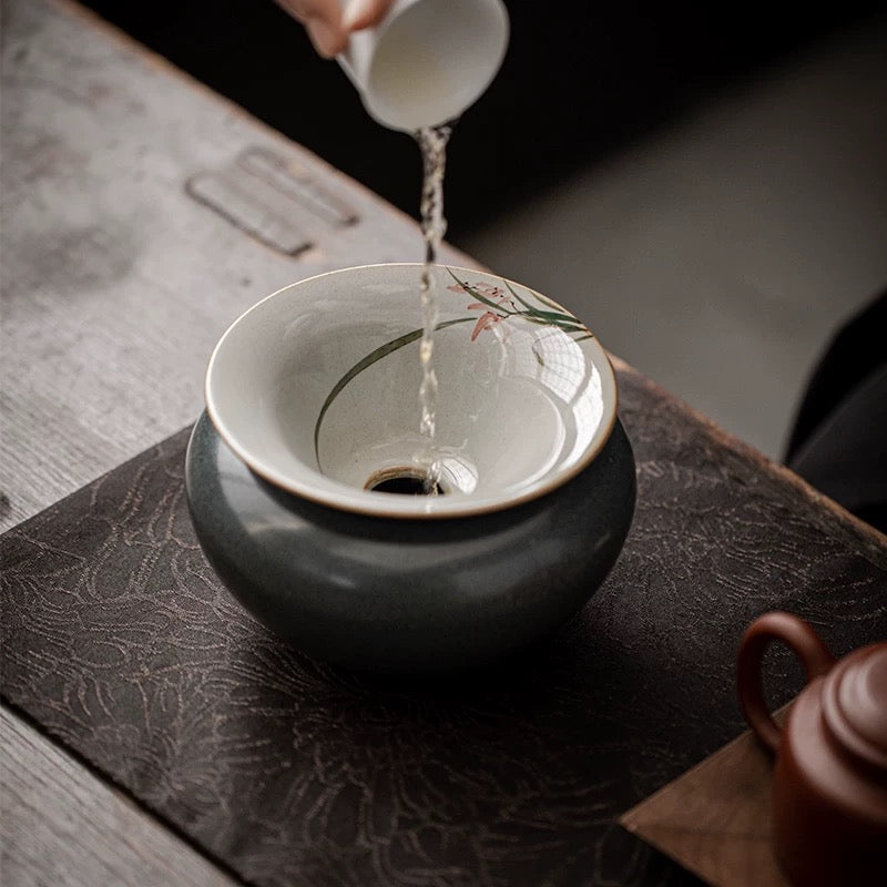 Retro Hand-Painted Tea Waste Jar - Large Covered Wastewater Vessel for Tea Ceremony (Multi-Function as Brush Washer & Cup Rinse)