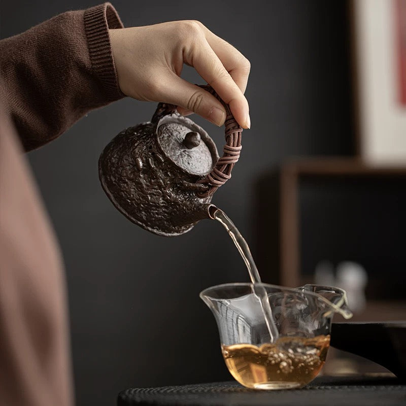 Handmade Wood-Fired Tea Kettle with Rattan Handle - Home Use Gongfu Teapot for Single Serving Brewing (Most balanced version - highlights both craftsmanship and functionality)