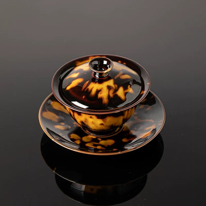 Premium Glazed Gaiwan Set – Vintage Tortoise-Shell Ceramic with Cool-Touch Design (Luxury Gongfu Tea Gift)
