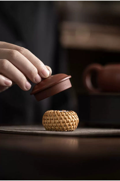 Handmade Tea Lid Stands – Rattan-Wrapped Bamboo Rest for Zisha/Iron Teaware