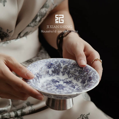 Vermeil & Blue-and-White 'Doucai' Ceramic Tea Snack Tray— Luxury Gilded Serving Platter for Fruits/Pastries with Dual Use as Teapot Stand (Premium Gongfu Tea Ceremony Accessory)