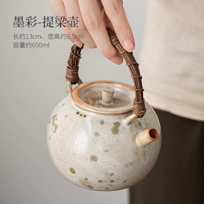 Sumi-Ember Tea Brewing Set" - Wood-Fired Side-Handle Teapot with Kiln-Transformed Wabi-Sabi Glaze & Retro Charcoal Stove (Large Capacity Ceramic Set)