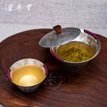 999 Pure Silver Handmade Tea Set - One-Piece Hammered Silver Gaiwan with Bamboo-Hat Cup & Lid