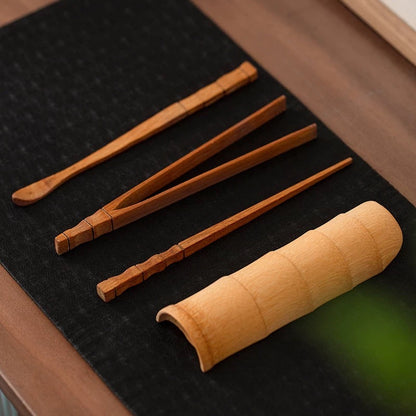 Bamboo 'Six Gentlemen' Tea Ceremony Set - Includes Teapot Brush, Tea Scoop, Pick, Funnel, Tongs & Storage Tube with Rattan Mat