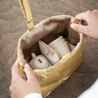 Pine-Embossed Brocade Tea Set Carrier – Thickened Travel Pouch for 1 Teapot & 2 Cups (Portable Minimalist Tea Accessory Tote)
