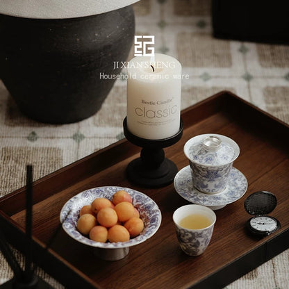 Vermeil & Blue-and-White 'Doucai' Ceramic Tea Snack Tray— Luxury Gilded Serving Platter for Fruits/Pastries with Dual Use as Teapot Stand (Premium Gongfu Tea Ceremony Accessory)