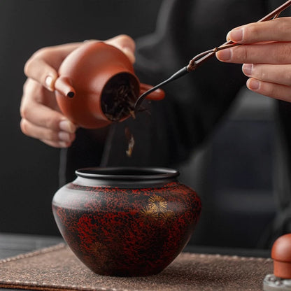 Antique Iron Lacquer Tea Waste Vessel— Multi-Functional Tea Debris Jar with Waste Water Lid (Traditional Dry/Wet Tea Ceremony Essential)