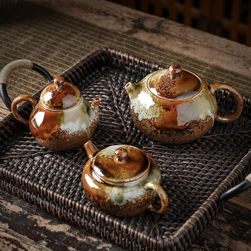 Handmade Wood-Fired Ceramic Teapot – Retro Wabi-Sabi "Dragon Egg" Small Teapot with Filter (Japanese Rustic Style, Kiln-Transformed Glaze)