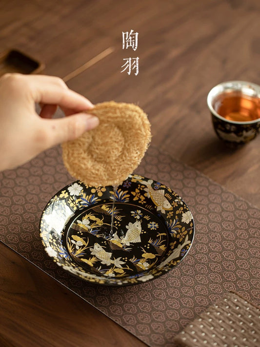 Gilded Silver-Filigree 'Fish & Waterweed' Tea Tray－ Silver-Inlaid Ceramic Tea Boat (Dry Brewing Platform)