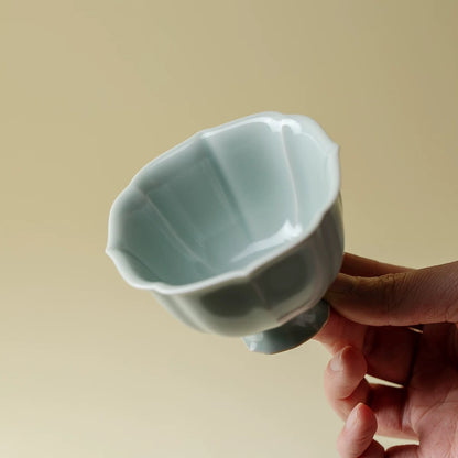Sky-Blue Ru Kiln Tea Cup Set - Petal-Rimmed Stemmed Cups in Song Dynasty Style