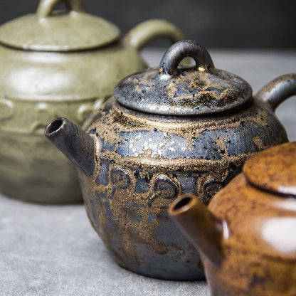 Handmade Retro Ceramic Teapot – Wood-Fired Kungfu Tea Set with Gilded Glaze, Japanese-Style Coarse Clay Small Teapot with Filter, Home Brewing Pot
