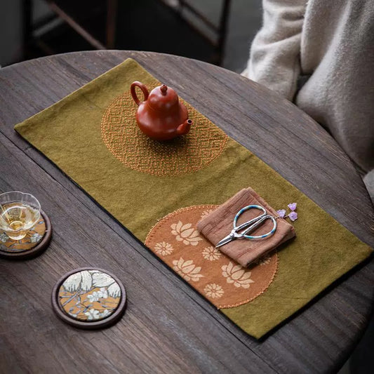 Vintage Canvas Lotus Tie-Dye Tea Mat – Dry Brewing Ceremony Tablecloth with Absorbent Pad (Gongfu Tea Accessory Set)