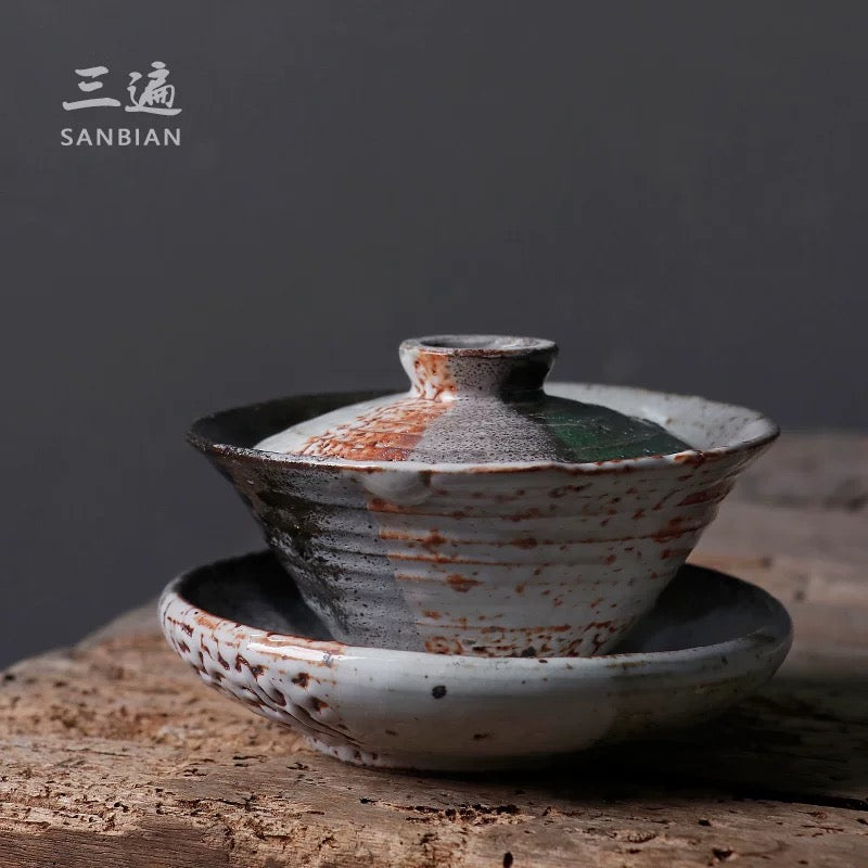 One-of-a-Kind Handmade Jingdezhen Wood-Fired Shino Glaze Lidded Tea Bowl – Japanese Wabi-Sabi Style 'Sancai' Tea Cup, Develops Natural Crackle Over Time