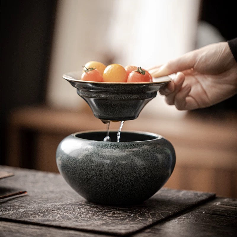 Retro Hand-Painted Tea Waste Jar - Large Covered Wastewater Vessel for Tea Ceremony (Multi-Function as Brush Washer & Cup Rinse)