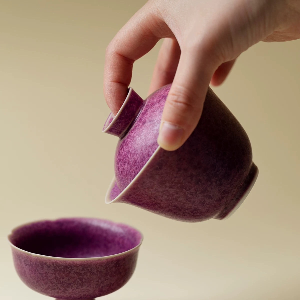 Handmade Yaobian Purple Tea Cup – Crystalline Glaze Ceramic Gongfu Gaiwan