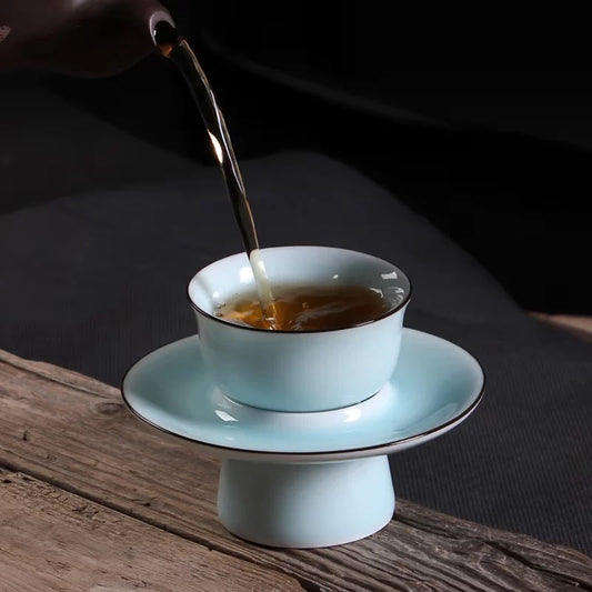 Pastel Celadon Tea Cup with Tray – Feminine Diyao Porcelain Set for Pu'er/Puerh