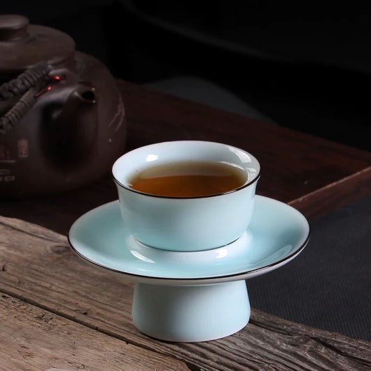 Pastel Celadon Tea Cup with Tray – Feminine Diyao Porcelain Set for Pu'er/Puerh
