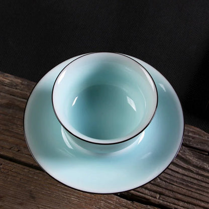 Pastel Celadon Tea Cup with Tray – Feminine Diyao Porcelain Set for Pu'er/Puerh