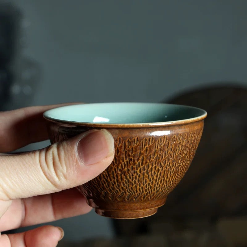 Authentic Longquan Celadon Tea Cup – Hand-Chiseled 'Dancing Blade' Ceramic for Tea Connoisseurs