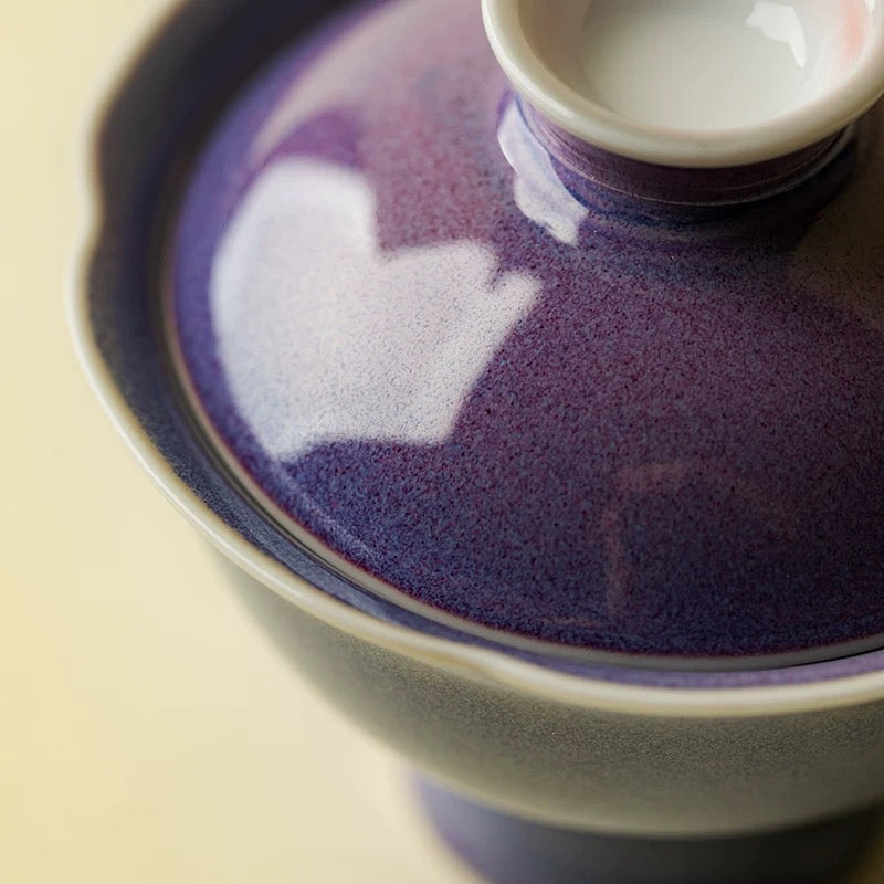 Luxury Purple Jun Kiln Tea Set – Handmade Floral Gaiwan with Royal Aesthetic