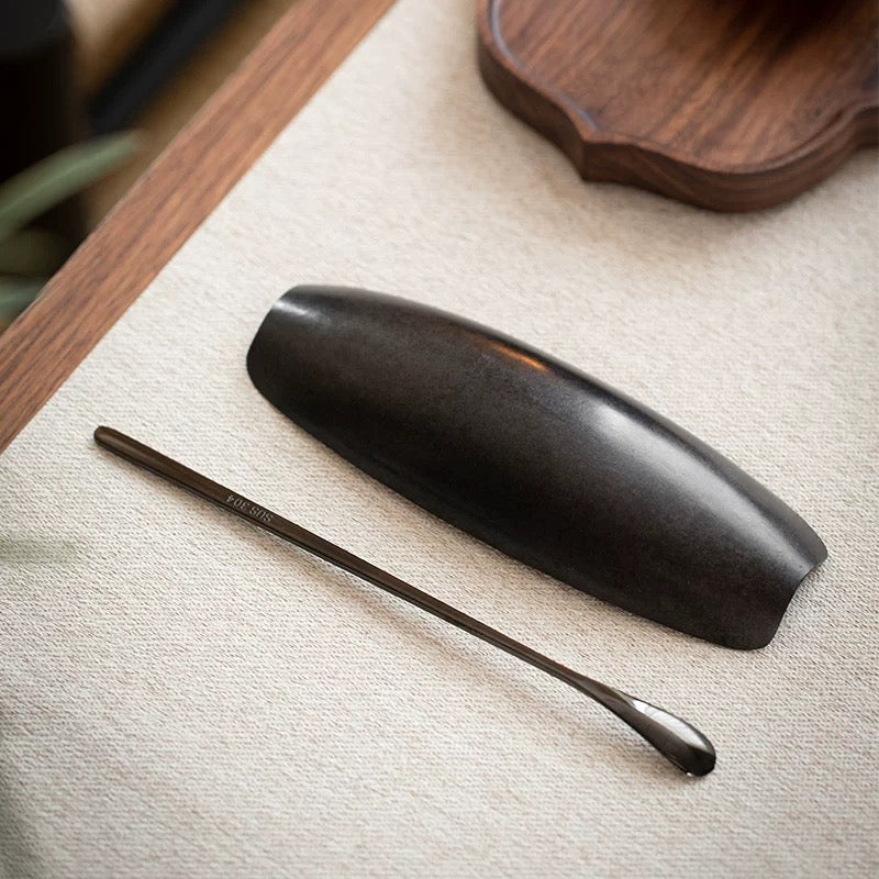 Urushi Lacquered Iron Tea Scoop Set - Wabi-Sabi Style Handcrafted Chashi & Tea Measure with Japanese Aesthetic
