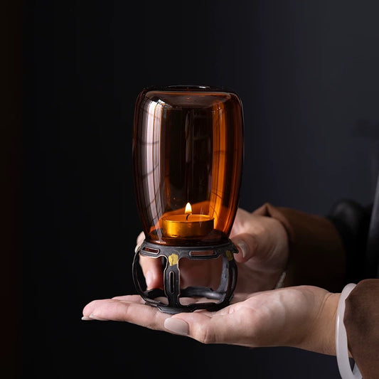 Antique Bronze Candlestick Lamp – Zen Tea Room Ambiance Light with Glass Amber Shade, Decorative Vintage Candle Holder