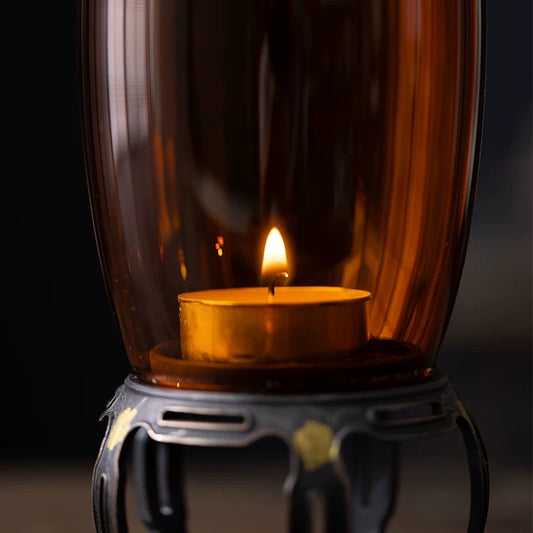 Antique Bronze Candlestick Lamp – Zen Tea Room Ambiance Light with Glass Amber Shade, Decorative Vintage Candle Holder