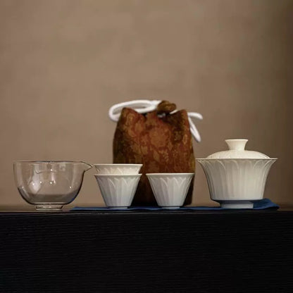 Song Dynasty-style White Porcelain Travel Tea Set - 1 Teapot & 2 Cups Fast-brew Kit with Oversized Gaiwan