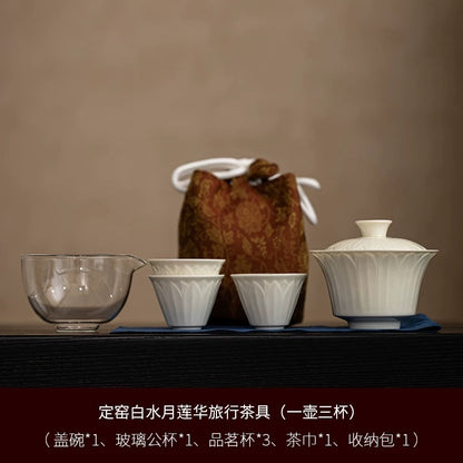 Song Dynasty-style White Porcelain Travel Tea Set - 1 Teapot & 2 Cups Fast-brew Kit with Oversized Gaiwan