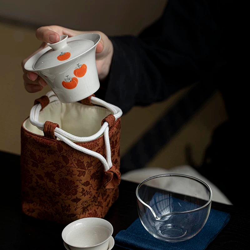 Hand-Painted 'Persimmon Bliss' Travel Tea Set – Portable 1-Pot-2-Cup Fast Brewing Kit with Customizable Gaiwan