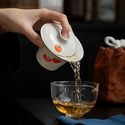Hand-Painted 'Persimmon Bliss' Travel Tea Set – Portable 1-Pot-2-Cup Fast Brewing Kit with Customizable Gaiwan
