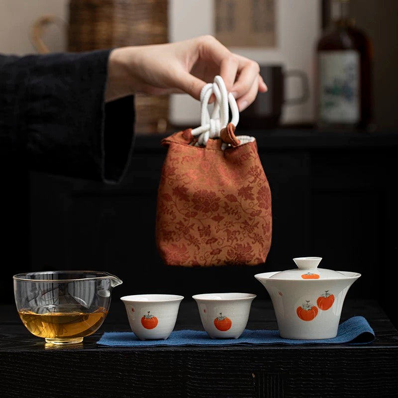 Hand-Painted 'Persimmon Bliss' Travel Tea Set – Portable 1-Pot-2-Cup Fast Brewing Kit with Customizable Gaiwan