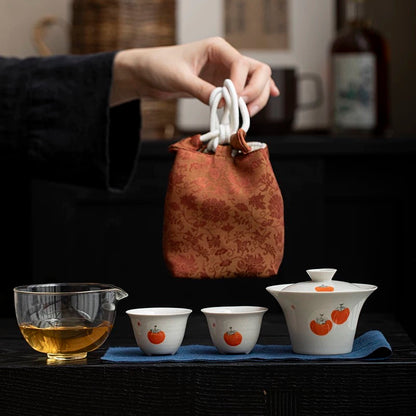 Hand-Painted 'Persimmon Bliss' Travel Tea Set – Portable 1-Pot-2-Cup Fast Brewing Kit with Customizable Gaiwan