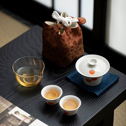 Hand-Painted 'Persimmon Bliss' Travel Tea Set – Portable 1-Pot-2-Cup Fast Brewing Kit with Customizable Gaiwan