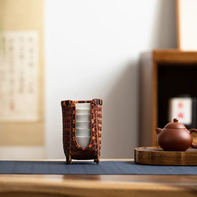 Handwoven Bamboo Tea Cup Holder – Japanese-Style Storage Basket for Gongfu Tea Sets (Multi-Slot Display & Organizer)