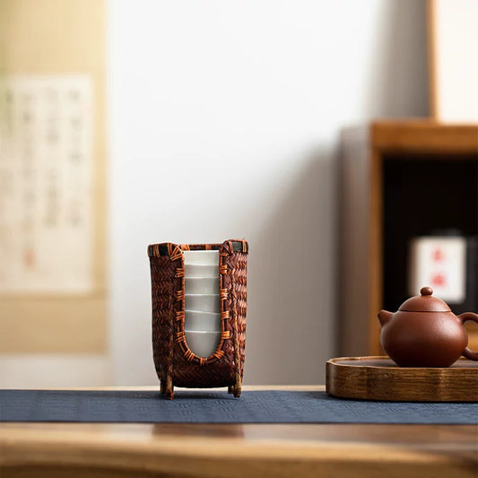 Handwoven Bamboo Tea Cup Holder – Japanese-Style Storage Basket for Gongfu Tea Sets (Multi-Slot Display & Organizer)