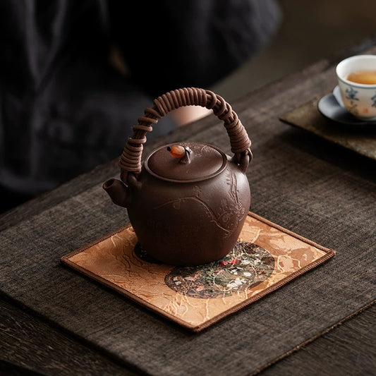 Gambiered Canton Silk Tea Tray Mat - Chinese Brocade Gourd Coaster Set (Heatproof Fabric Pad for Teapots & Cups)